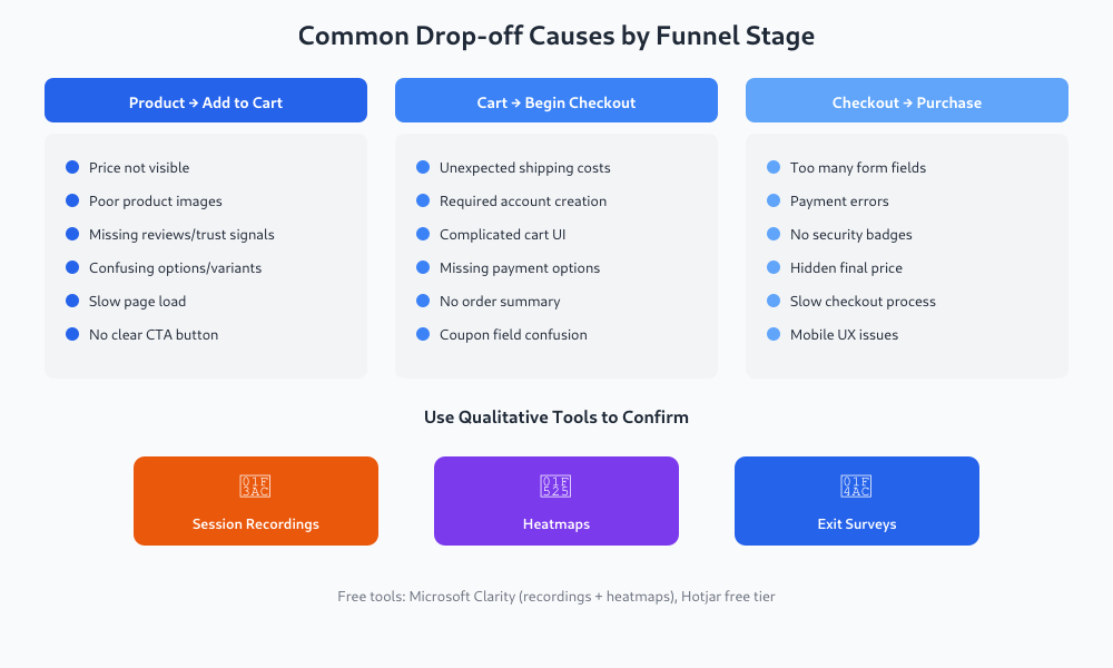 Checklist of common causes for funnel drop-offs at each stage