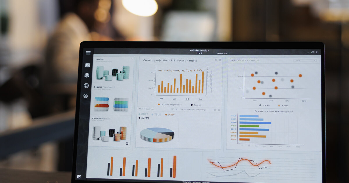 Laptop showing an analytics dashboard with charts and graphs in an office